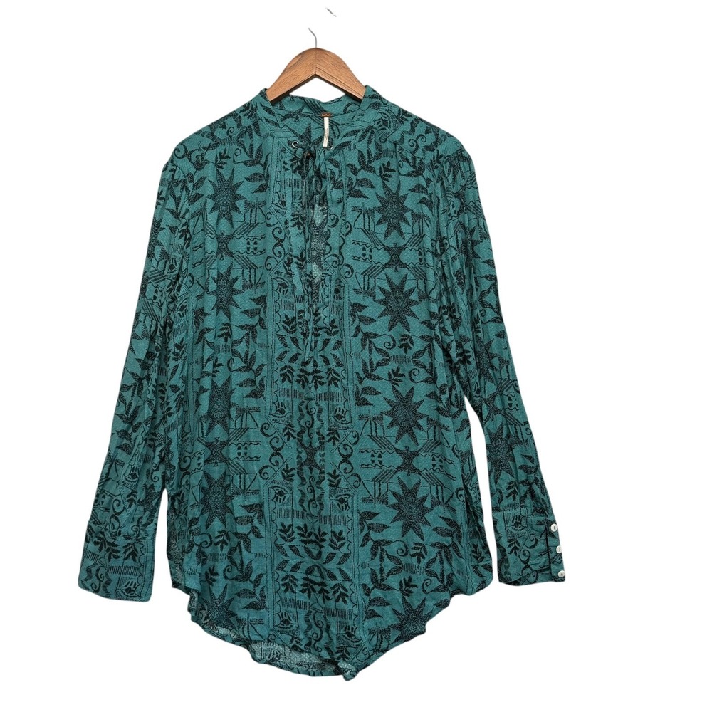 Free People Tunic Top Women M Boho Teal Woodblock Celestial Print Ethereal‎ Edgy